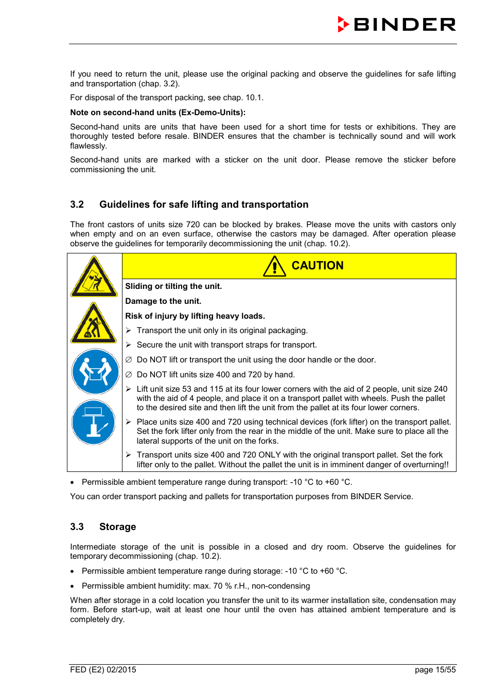 2 guidelines for safe lifting and transportation, 3 storage, Caution | BINDER FED 53 User Manual | Page 15 / 55