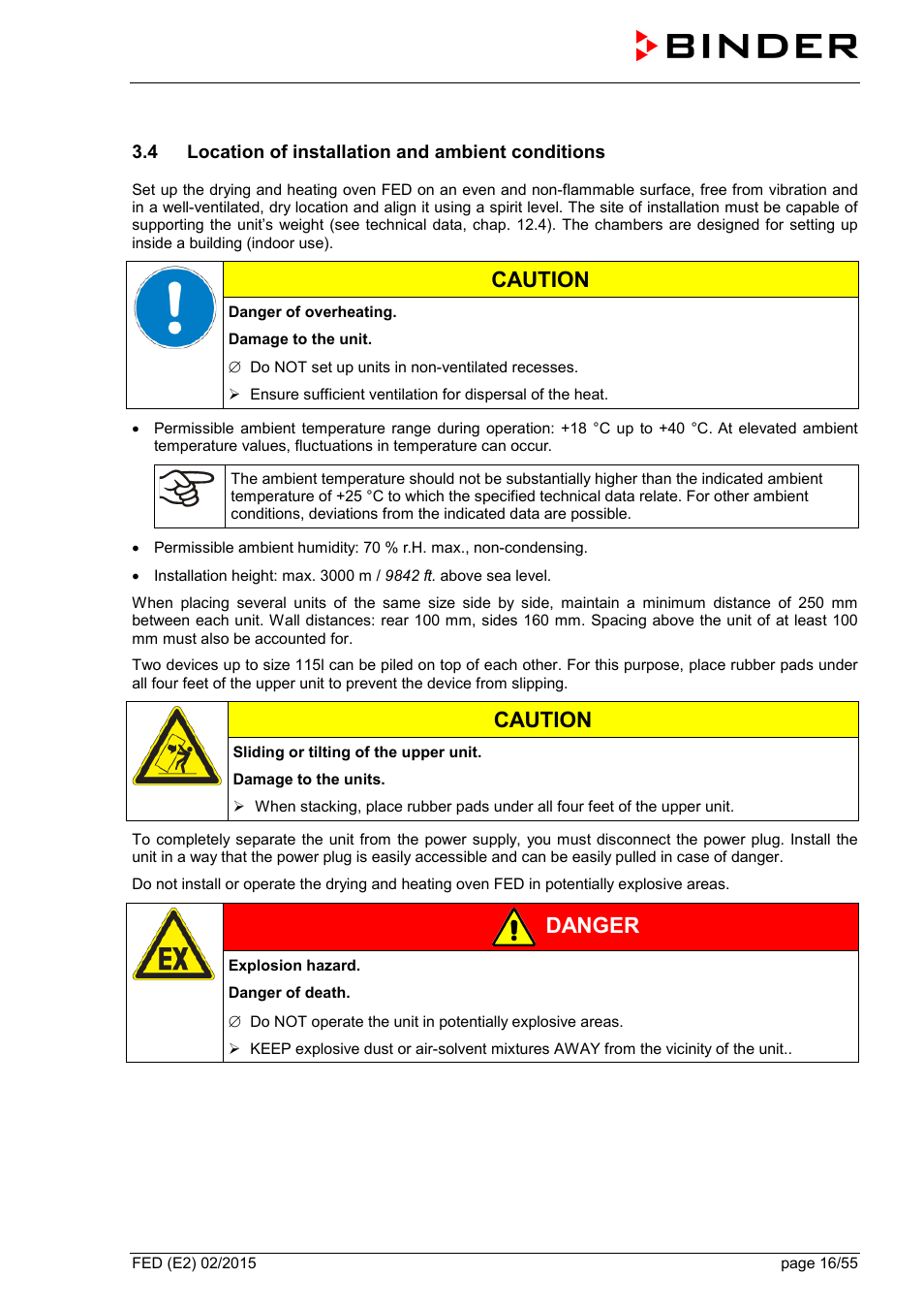 4 location of installation and ambient conditions, Caution, Danger | BINDER FED 53 User Manual | Page 16 / 55