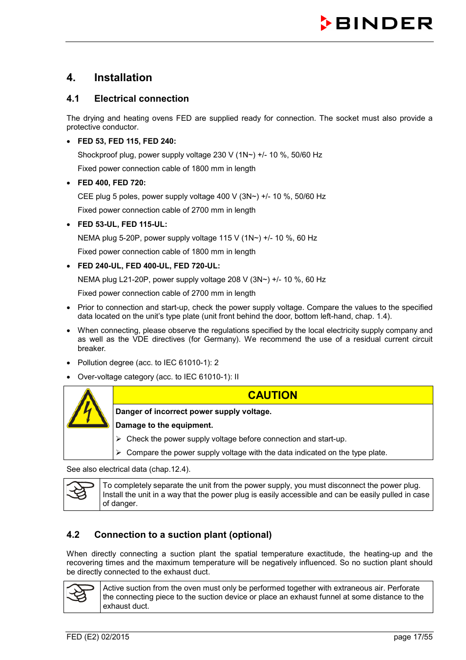 Installation, 1 electrical connection, 2 connection to a suction plant (optional) | Caution | BINDER FED 53 User Manual | Page 17 / 55