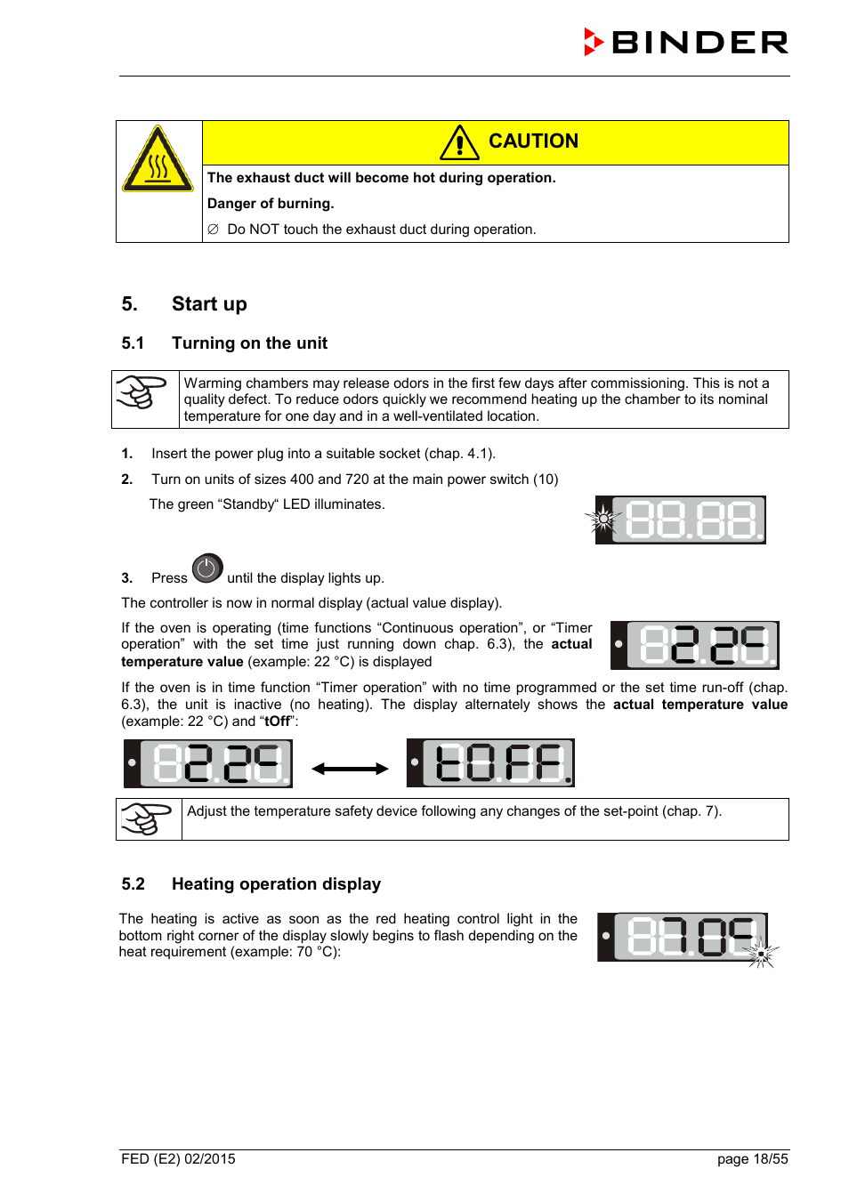 Start up, 1 turning on the unit, 2 heating operation display | Caution | BINDER FED 53 User Manual | Page 18 / 55