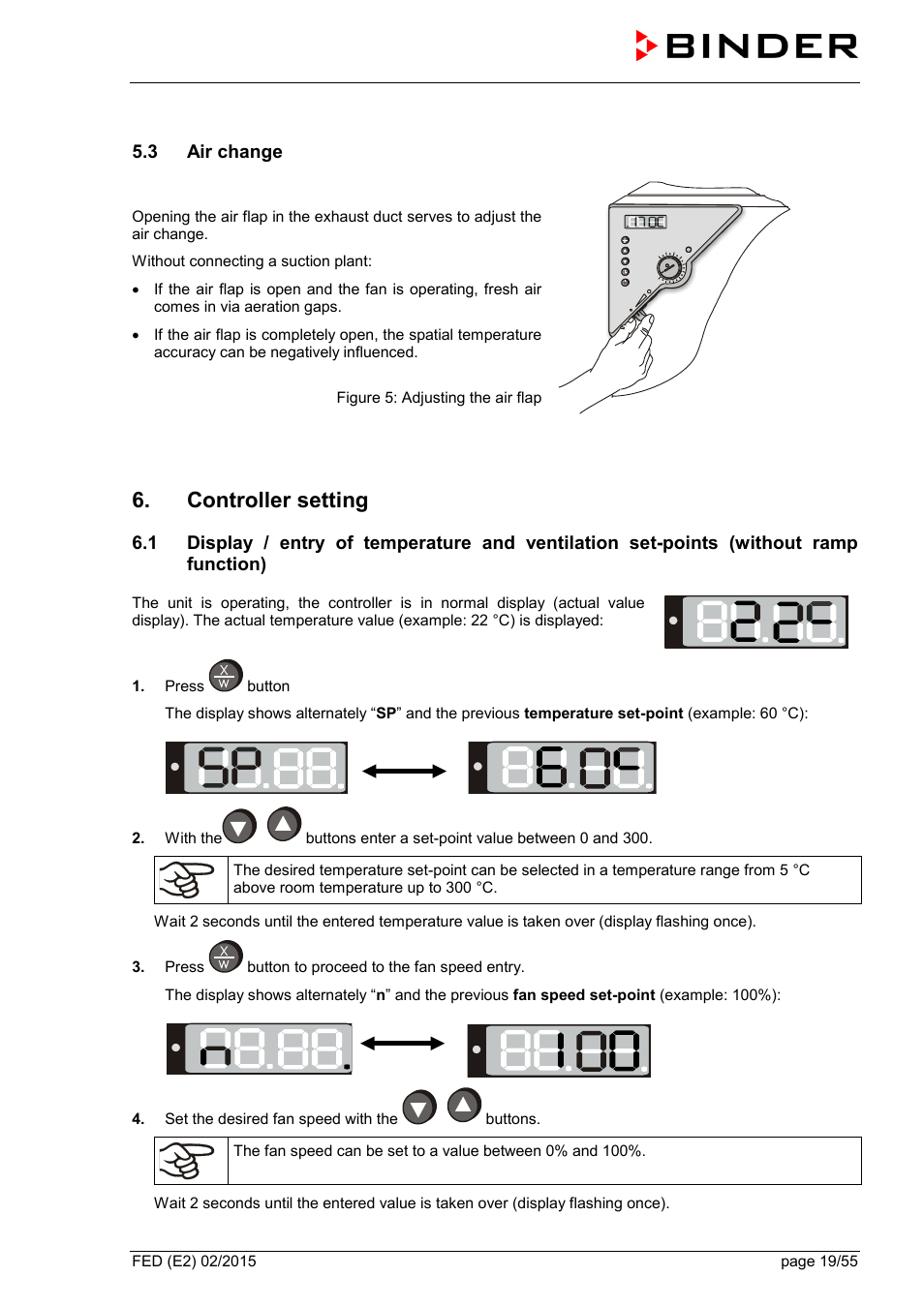 3 air change, Controller setting | BINDER FED 53 User Manual | Page 19 / 55