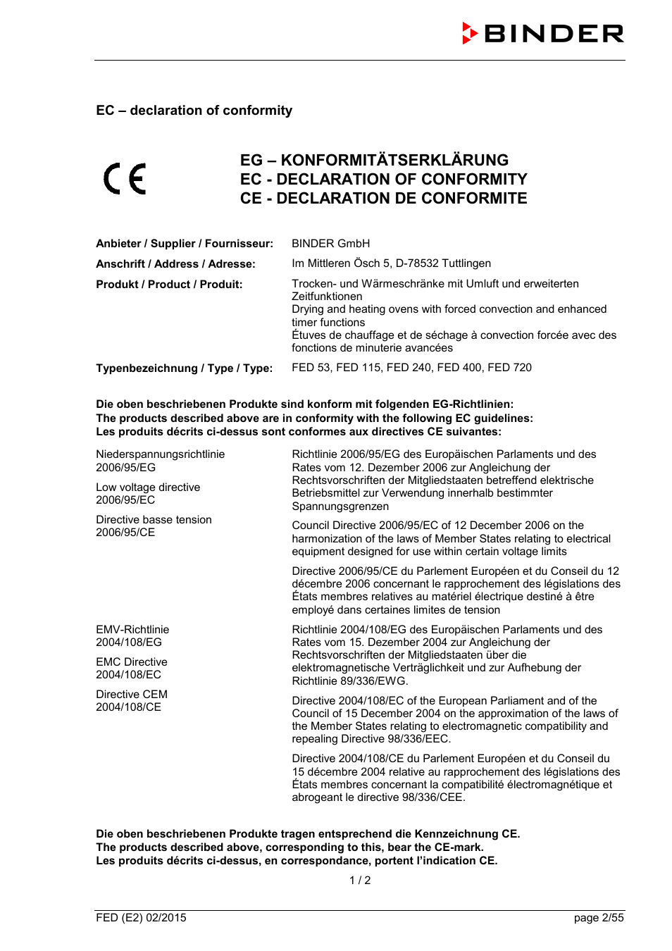 Ec – declaration of conformity | BINDER FED 53 User Manual | Page 2 / 55