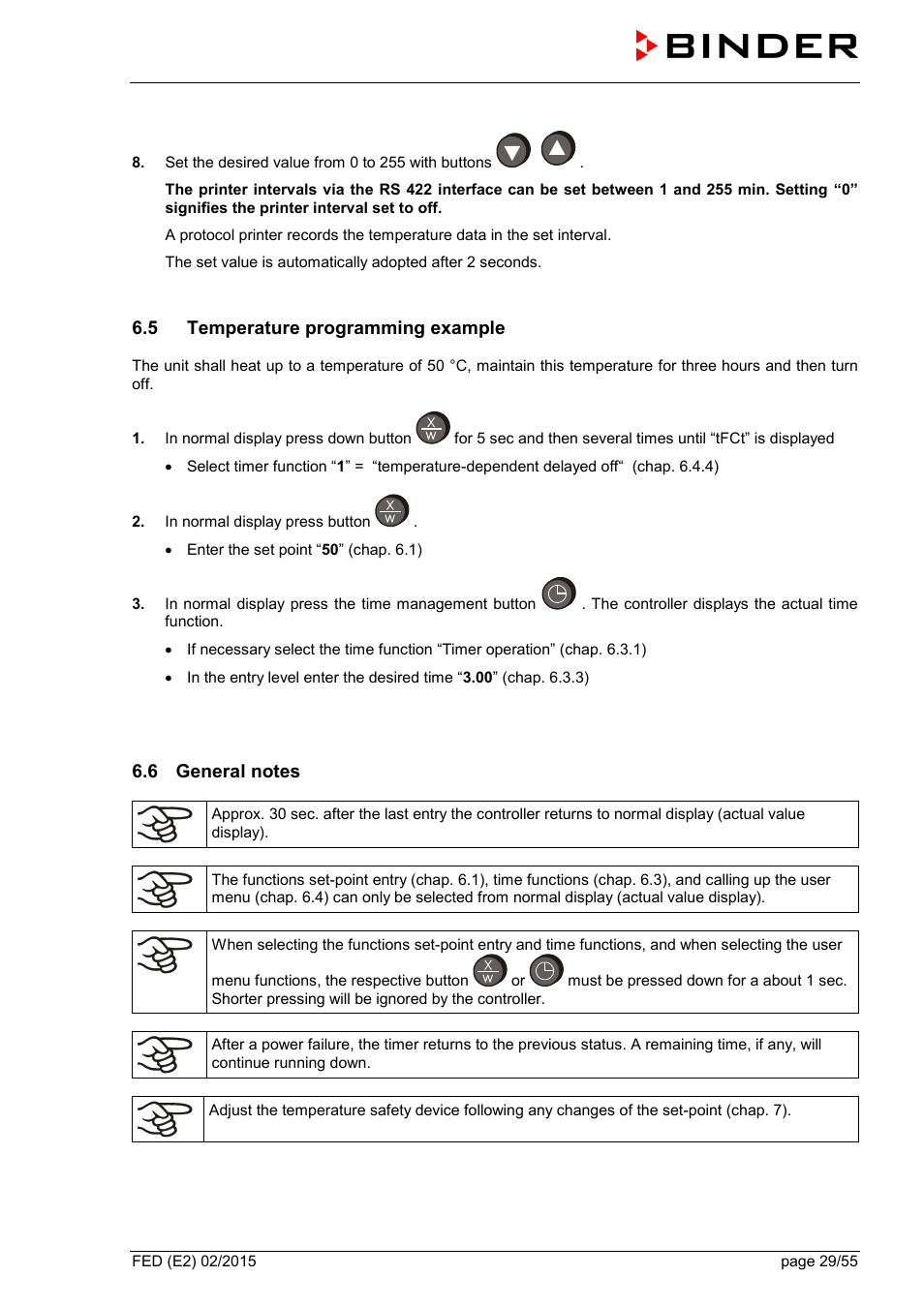 5 temperature programming example, 6 general notes | BINDER FED 53 User Manual | Page 29 / 55