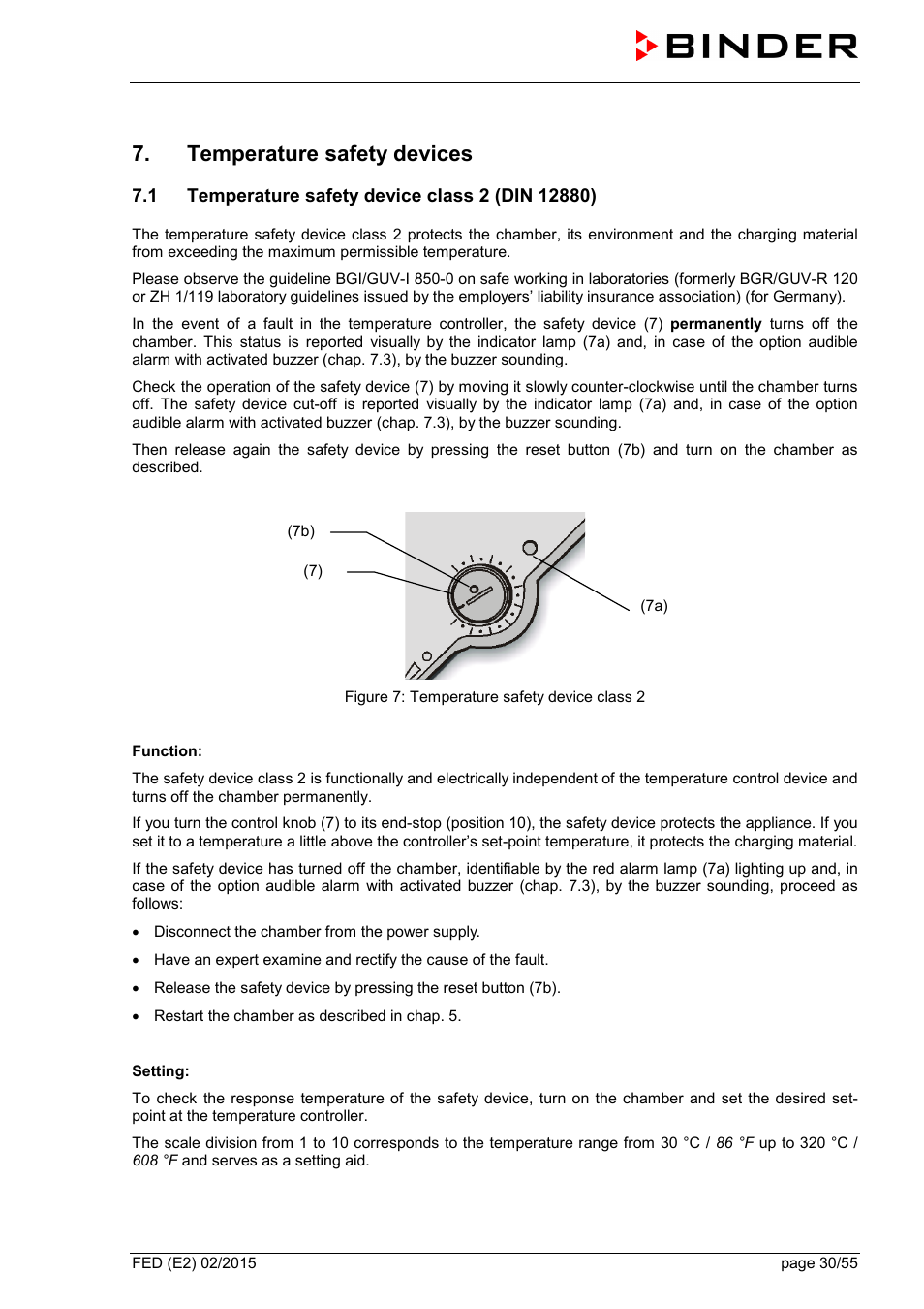 Temperature safety devices, 1 temperature safety device class 2 (din 12880) | BINDER FED 53 User Manual | Page 30 / 55