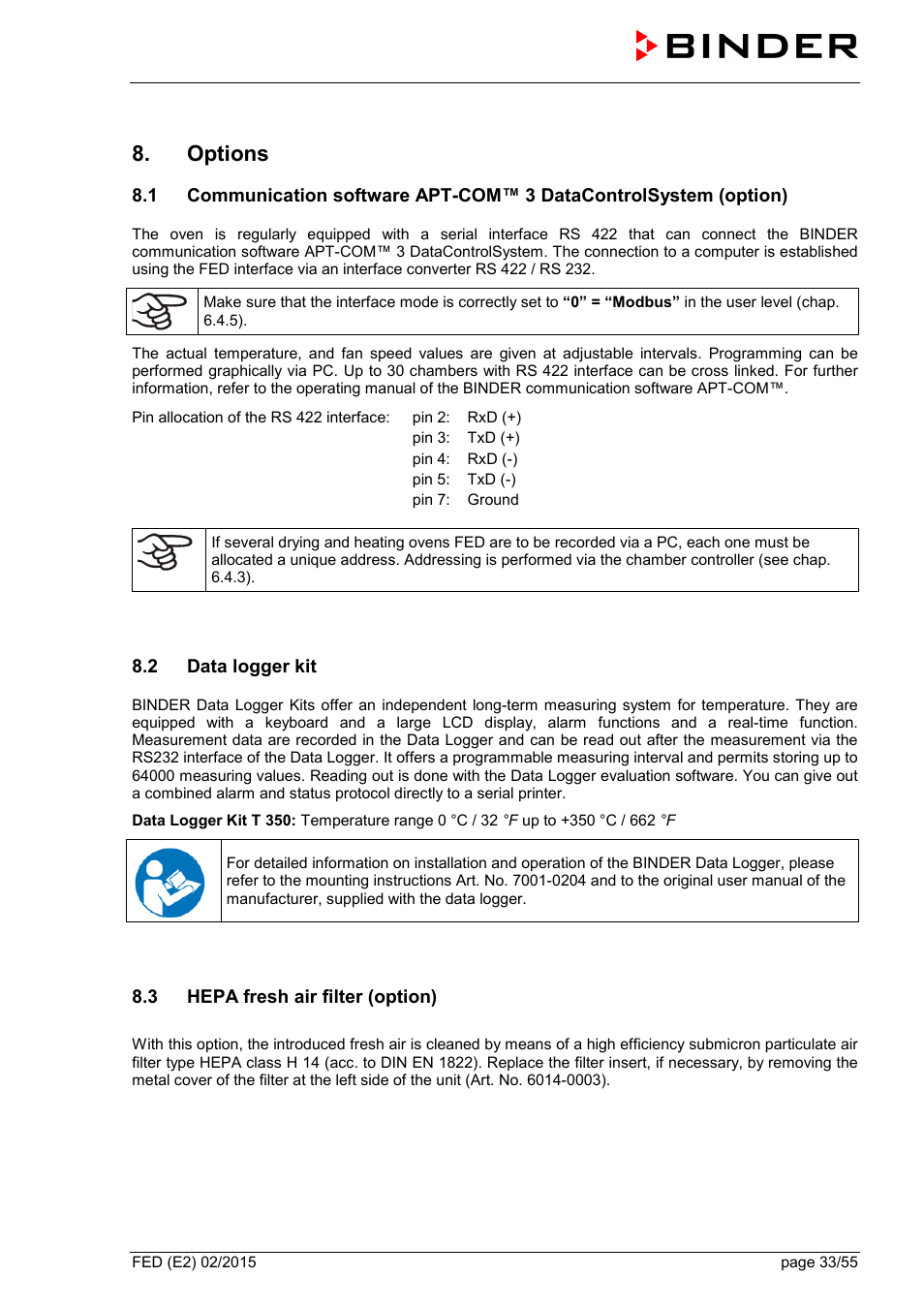 Options, 2 data logger kit, 3 hepa fresh air filter (option) | BINDER FED 53 User Manual | Page 33 / 55