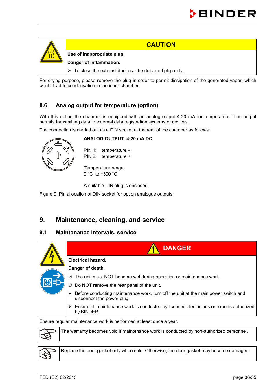 6 analog output for temperature (option), Maintenance, cleaning, and service, 1 maintenance intervals, service | Ole_link6, Ole_link7, Ole_link12, Caution, Danger | BINDER FED 53 User Manual | Page 36 / 55