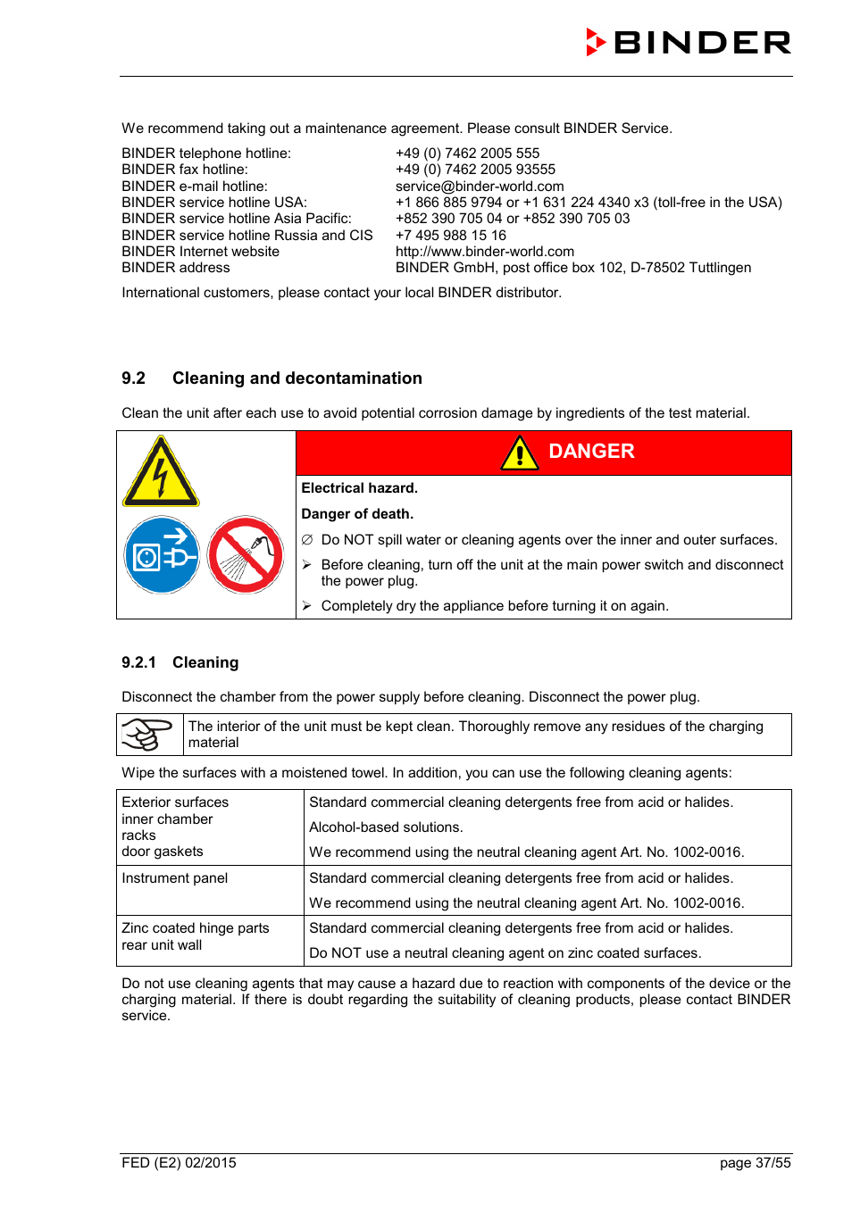2 cleaning and decontamination, 1 cleaning, Danger | BINDER FED 53 User Manual | Page 37 / 55