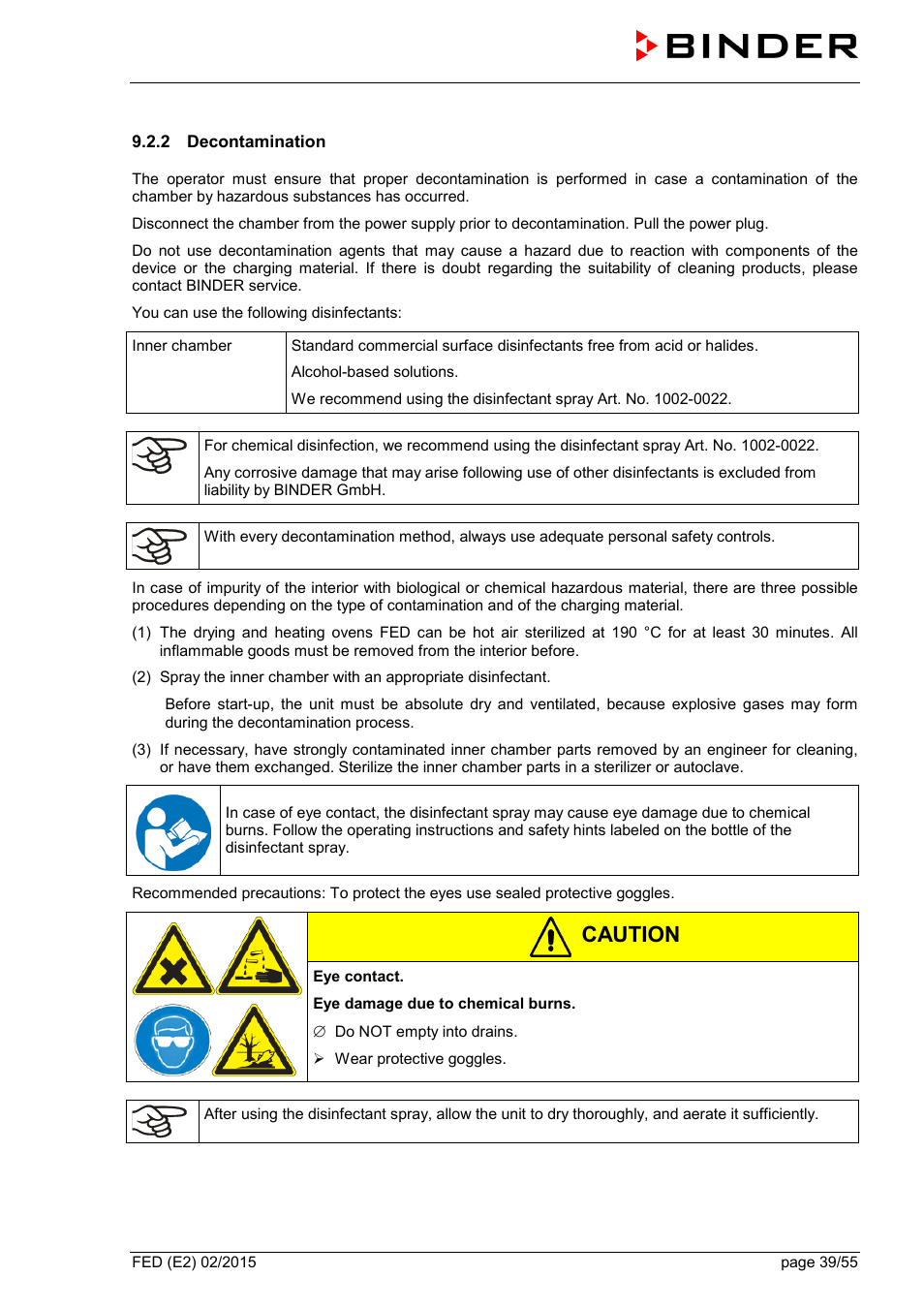 2 decontamination, Caution | BINDER FED 53 User Manual | Page 39 / 55