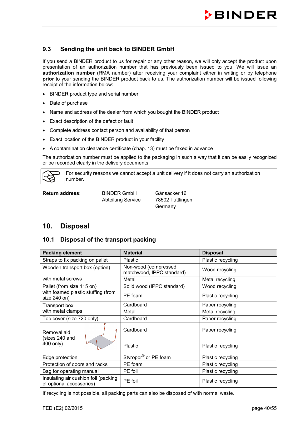 3 sending the unit back to binder gmbh, Disposal, 1 disposal of the transport packing | BINDER FED 53 User Manual | Page 40 / 55