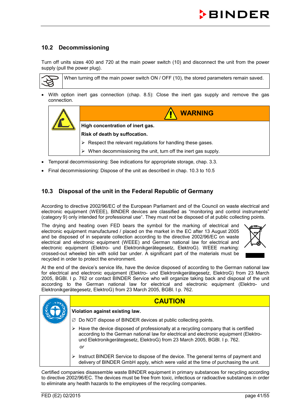 2 decommissioning, Warning, Caution | BINDER FED 53 User Manual | Page 41 / 55