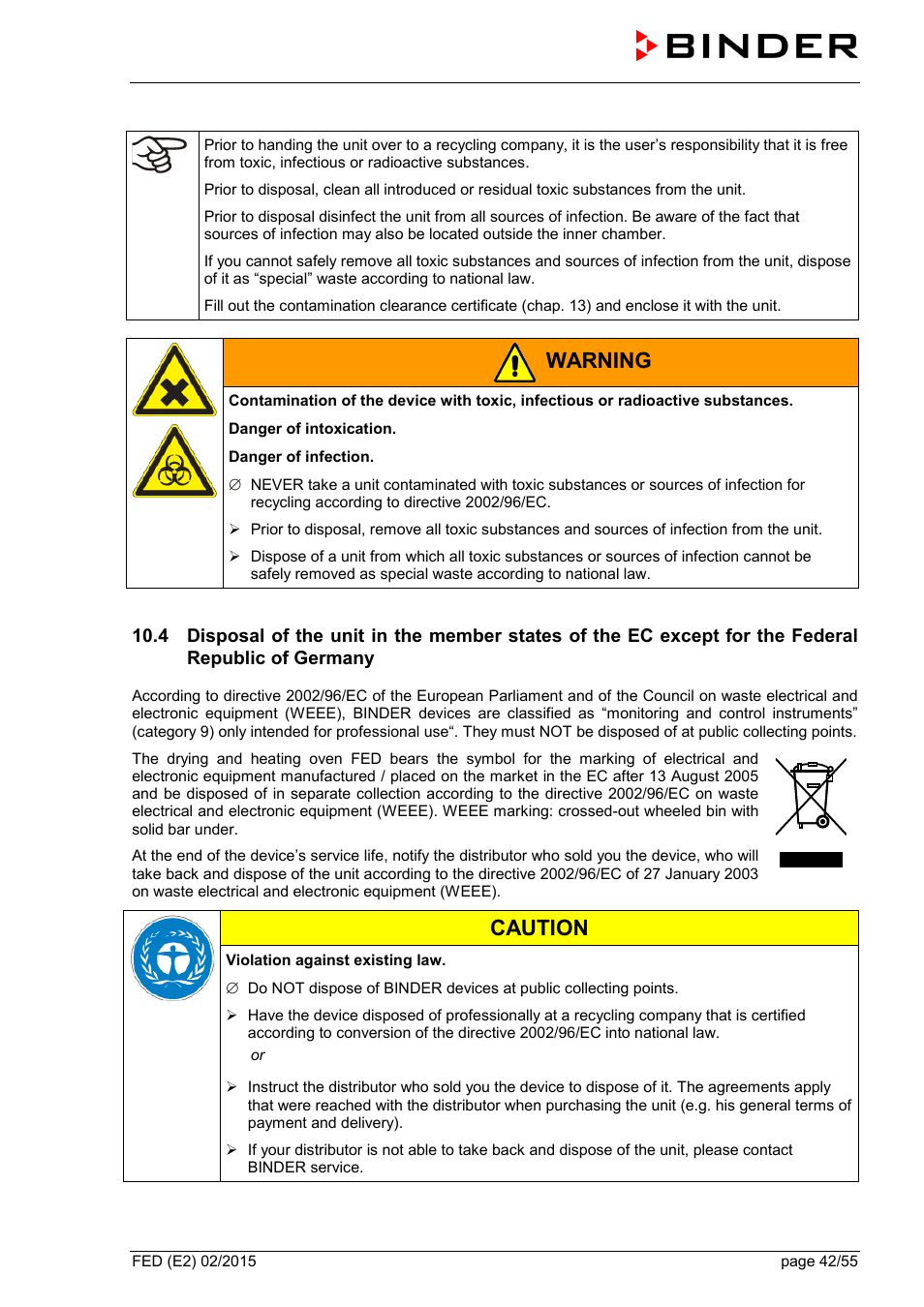 Warning, Caution | BINDER FED 53 User Manual | Page 42 / 55