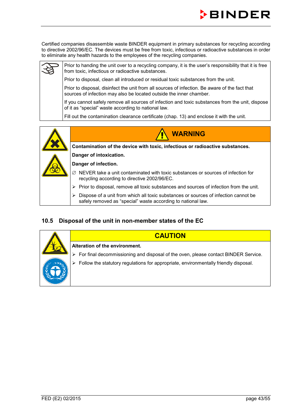 O 10.5, Warning, Caution | BINDER FED 53 User Manual | Page 43 / 55