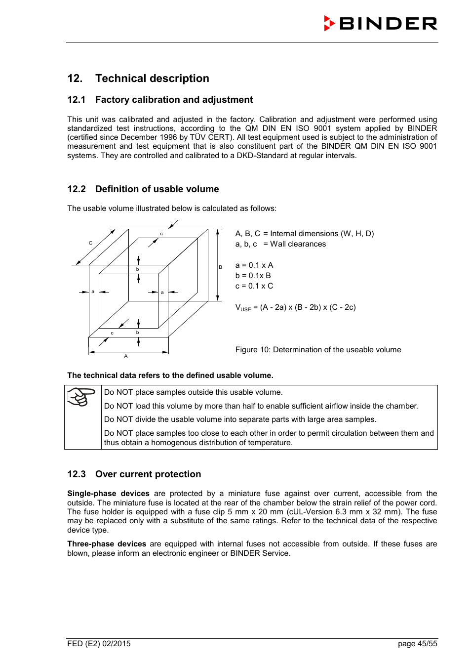 Technical description, 1 factory calibration and adjustment, 2 definition of usable volume | 3 over current protection | BINDER FED 53 User Manual | Page 45 / 55