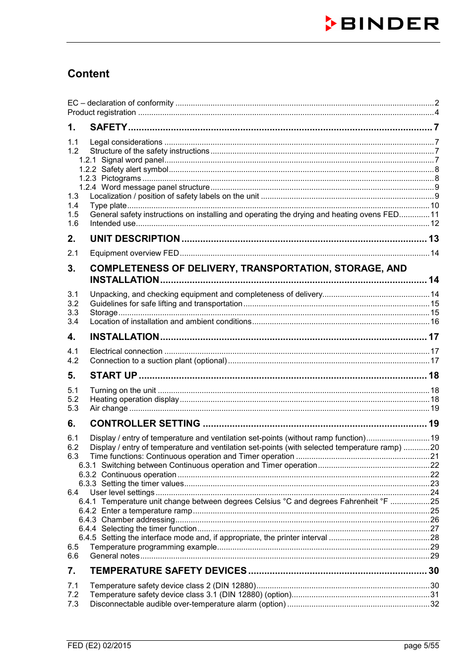 Content | BINDER FED 53 User Manual | Page 5 / 55