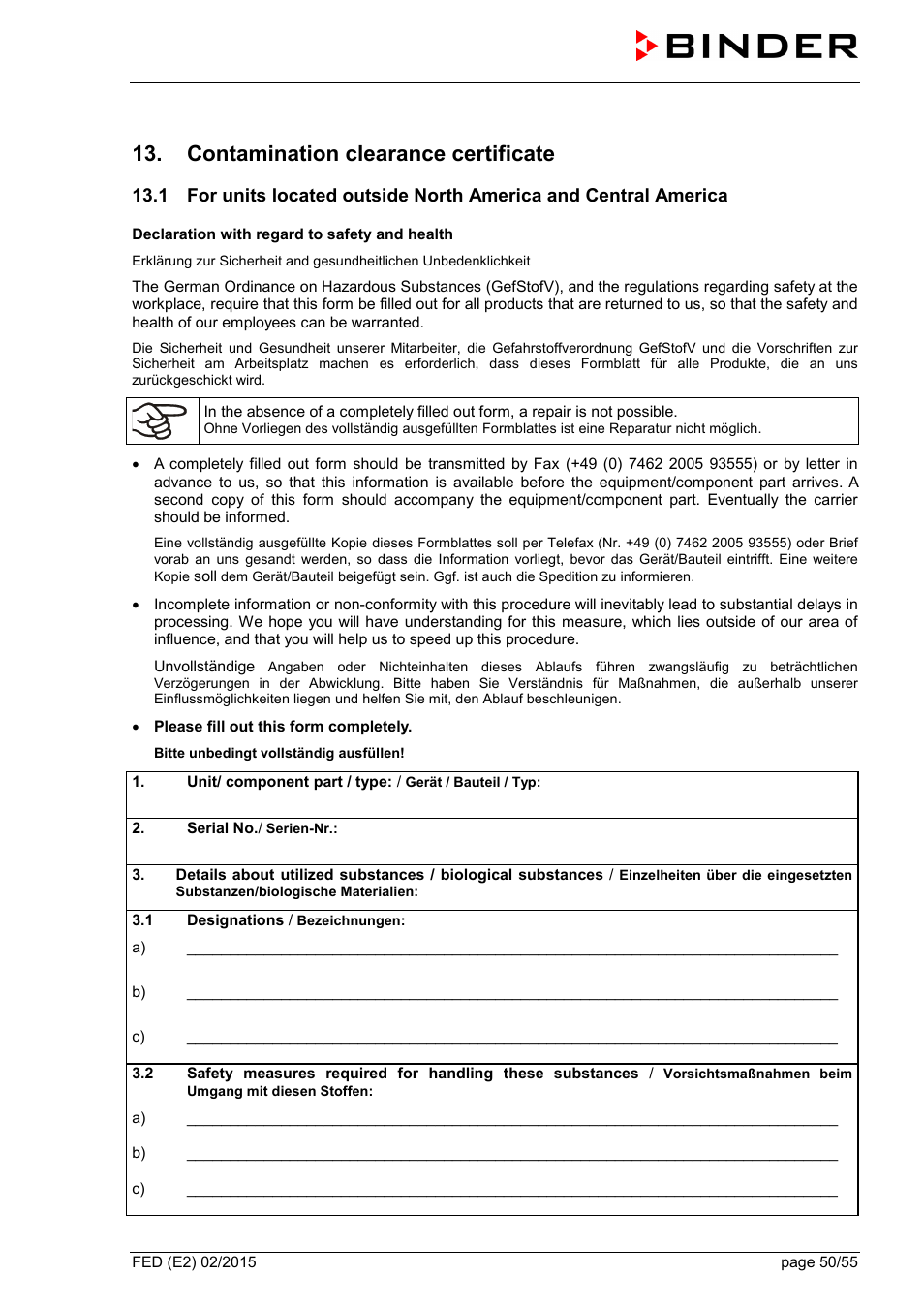 Contamination clearance certificate | BINDER FED 53 User Manual | Page 50 / 55