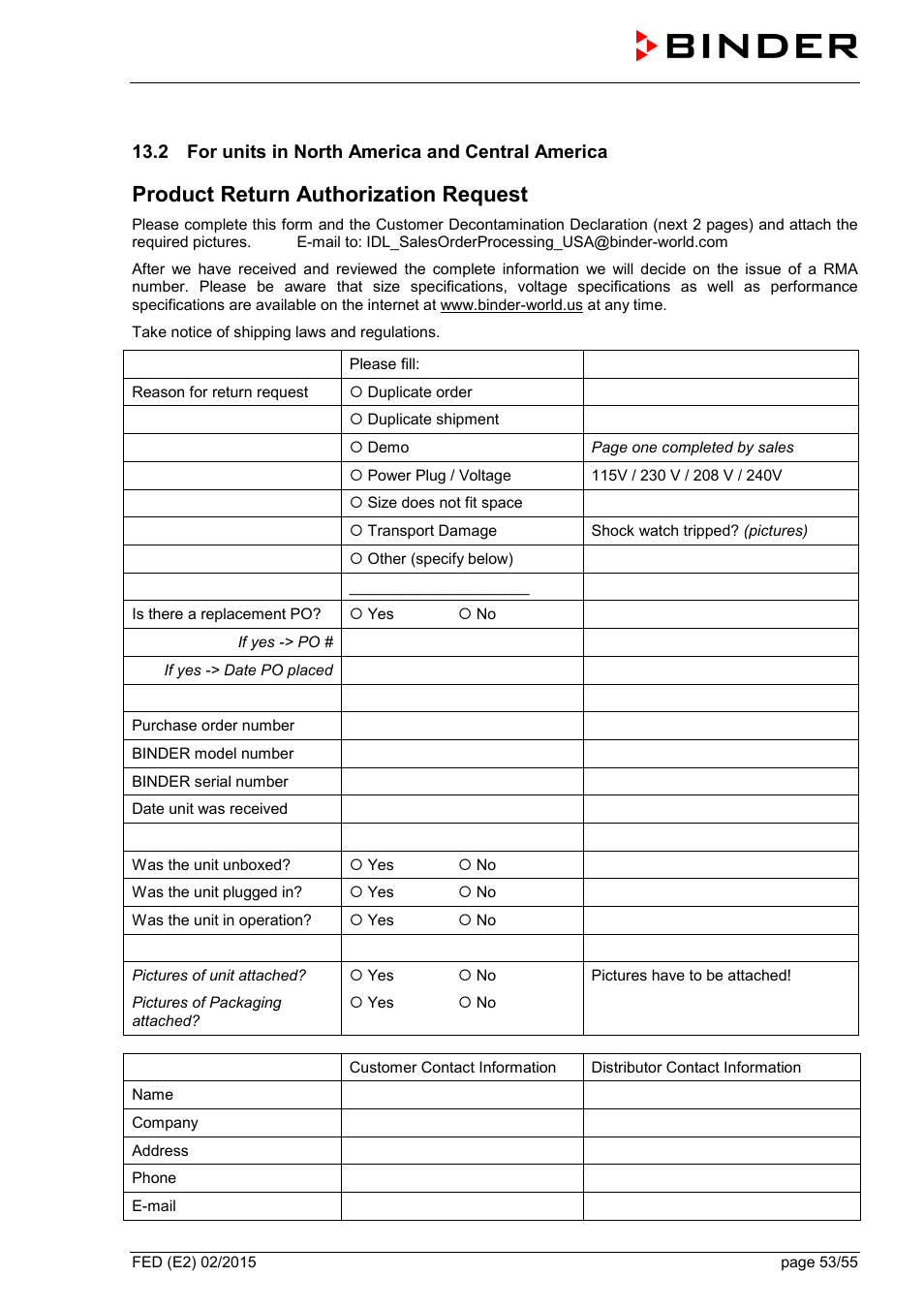 2 for units in north america and central america, Product return authorization request | BINDER FED 53 User Manual | Page 53 / 55