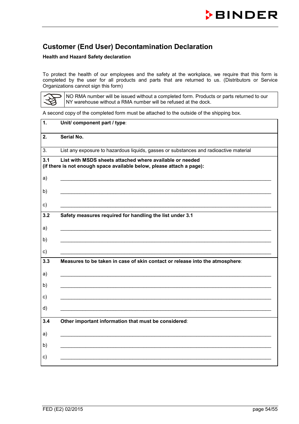 Customer (end user) decontamination declaration | BINDER FED 53 User Manual | Page 54 / 55