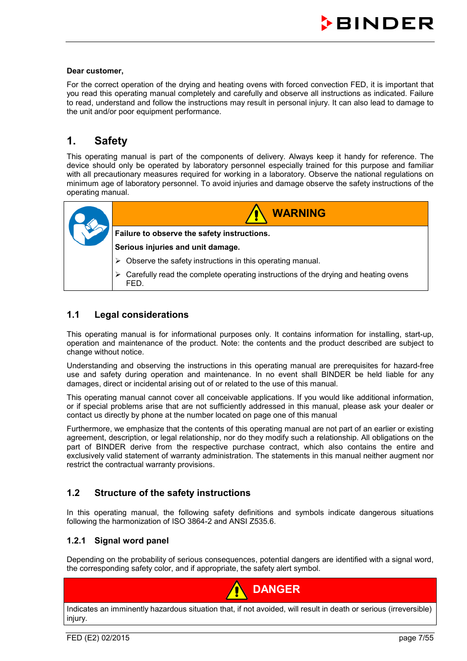 Safety, 1 legal considerations, 2 structure of the safety instructions | 1 signal word panel, Warning, Danger | BINDER FED 53 User Manual | Page 7 / 55