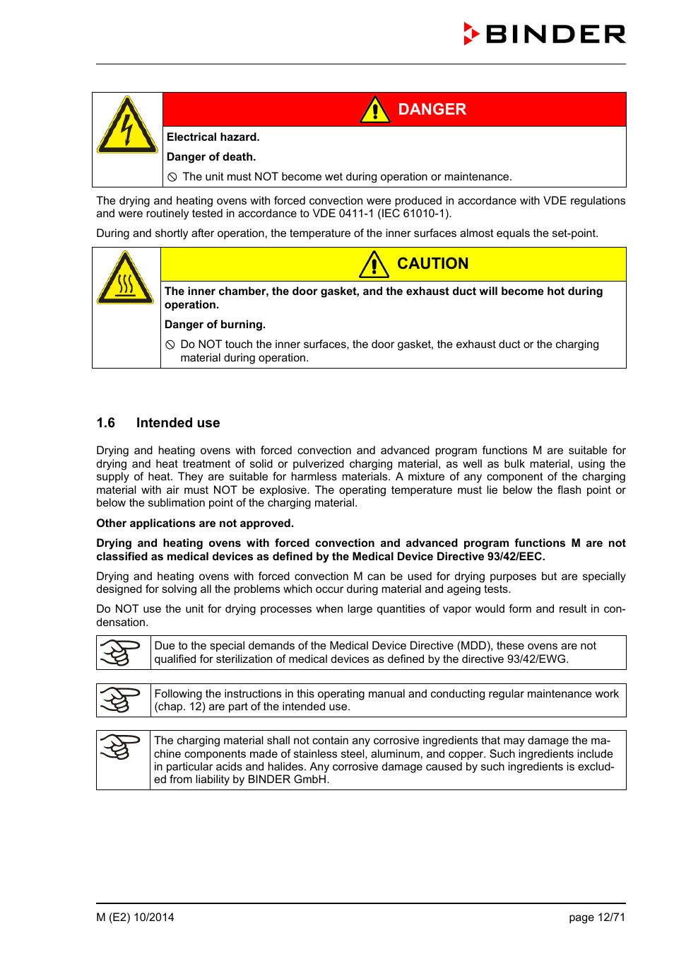 6 intended use, Danger, Caution | BINDER M 53 User Manual | Page 12 / 71