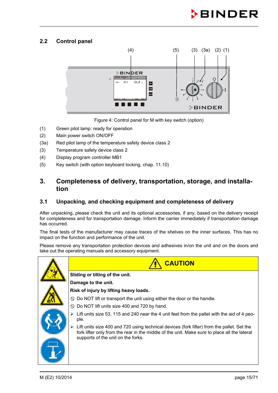 2 control panel, Caution | BINDER M 53 User Manual | Page 15 / 71