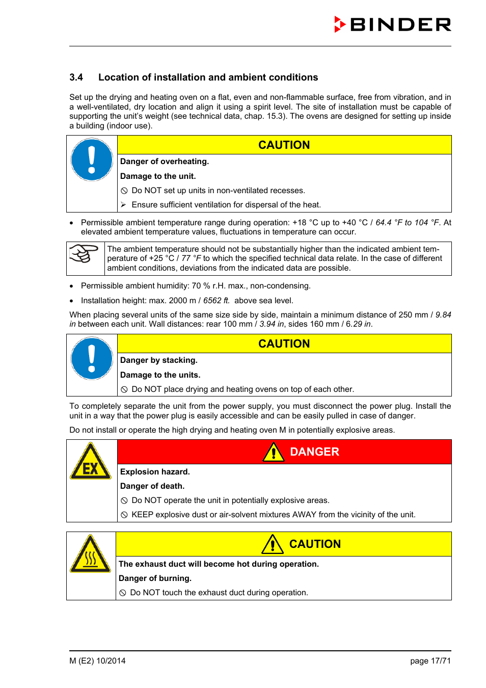 4 location of installation and ambient conditions, Ole_link5, Caution | Danger | BINDER M 53 User Manual | Page 17 / 71