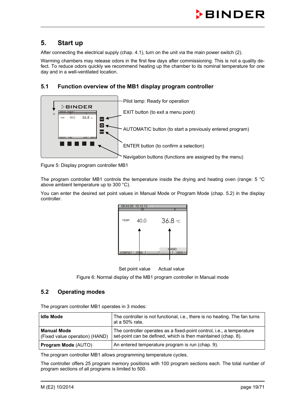 Start up, 2 operating modes | BINDER M 53 User Manual | Page 19 / 71