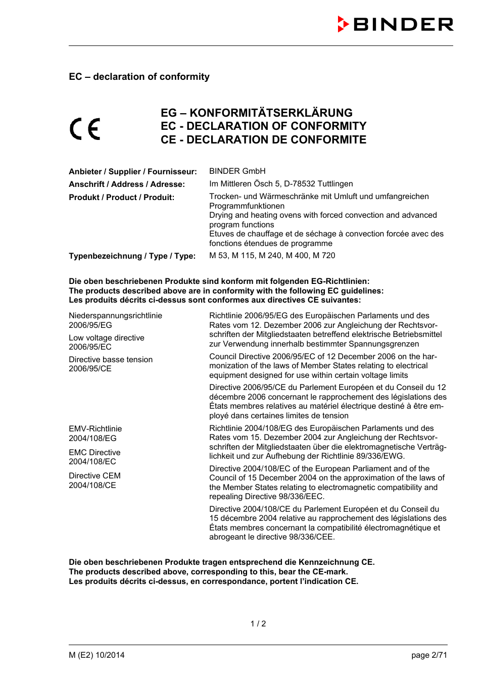 Ec – declaration of conformity | BINDER M 53 User Manual | Page 2 / 71