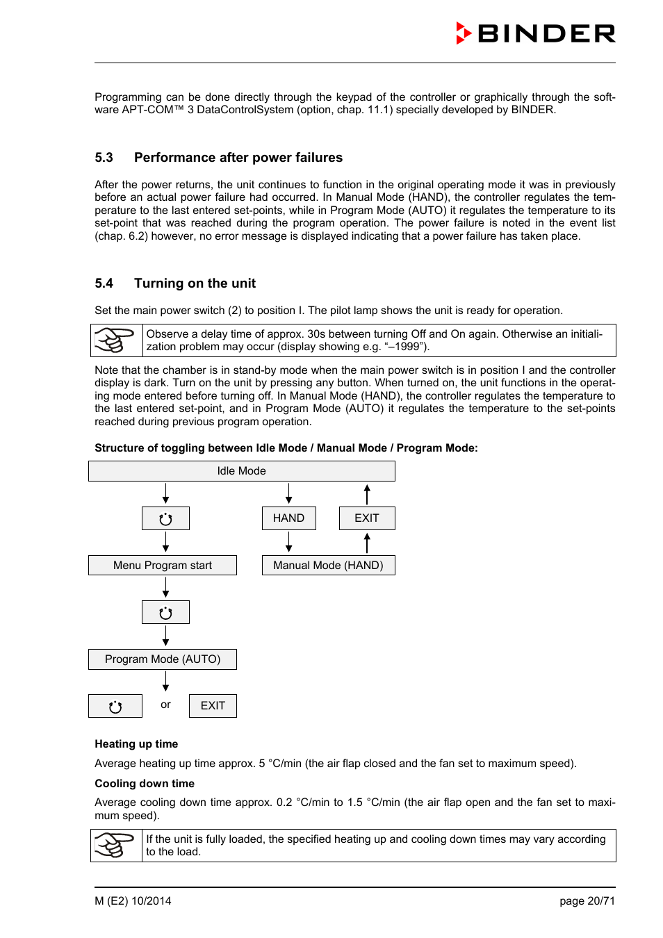 3 performance after power failures, 4 turning on the unit | BINDER M 53 User Manual | Page 20 / 71