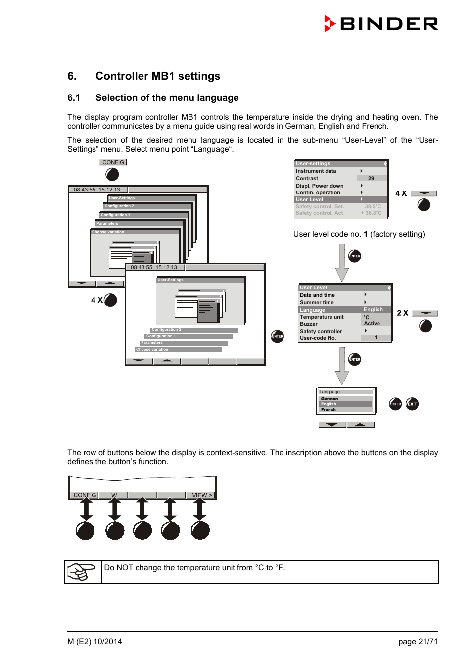 Controller mb1 settings, 1 selection of the menu language | BINDER M 53 User Manual | Page 21 / 71