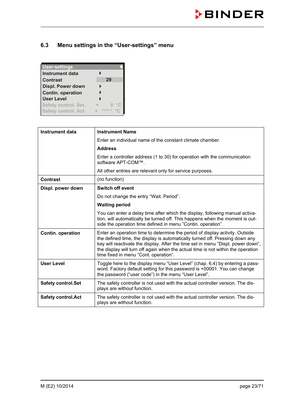 3 menu settings in the “user-settings” menu | BINDER M 53 User Manual | Page 23 / 71