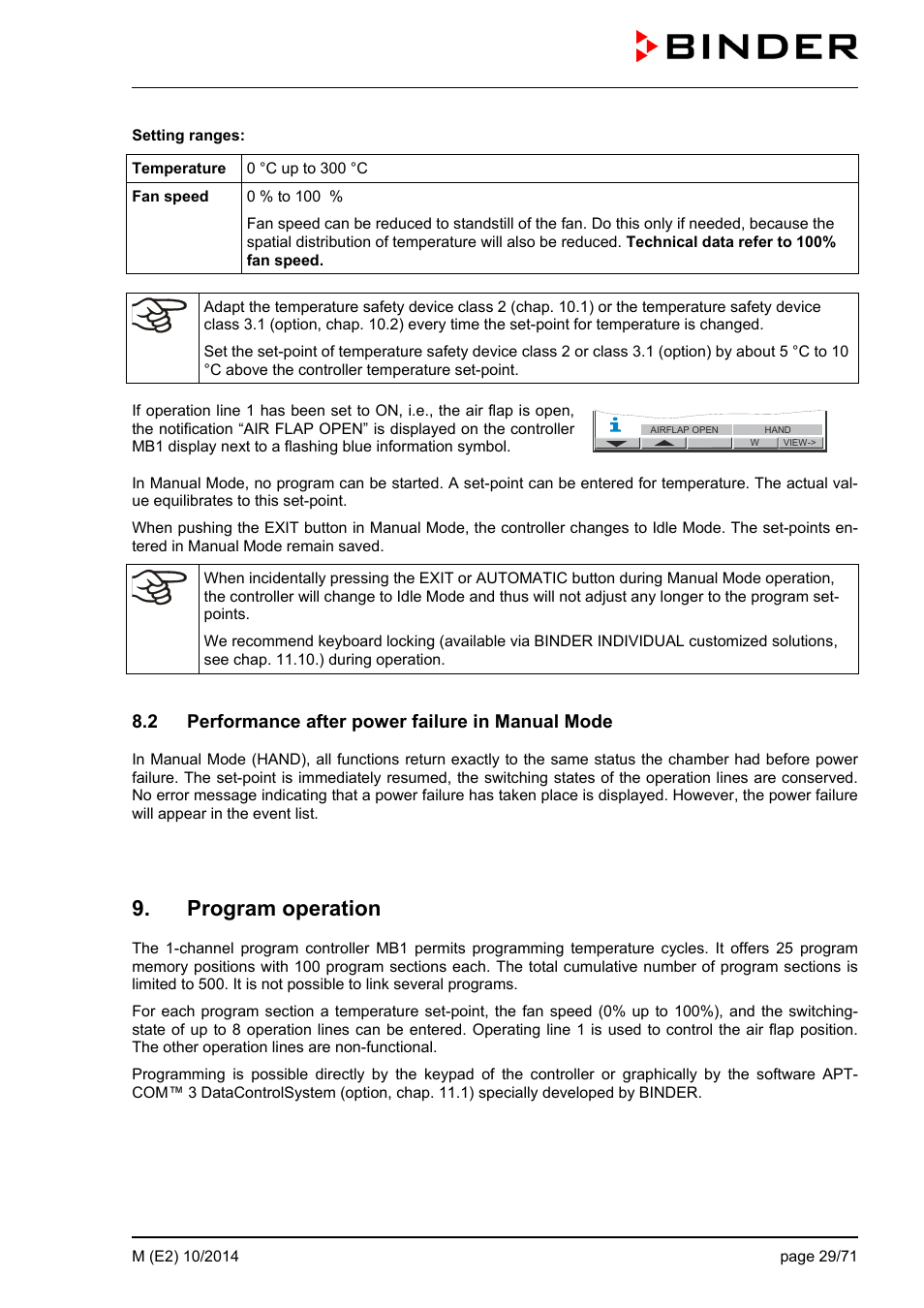 2 performance after power failure in manual mode, Program operation | BINDER M 53 User Manual | Page 29 / 71