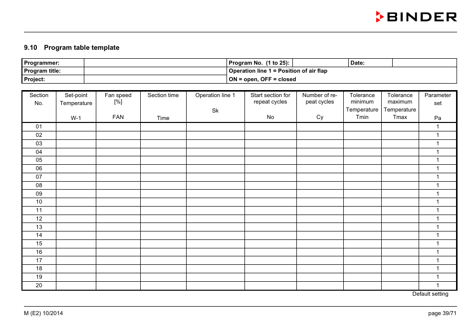 10 program table template | BINDER M 53 User Manual | Page 39 / 71