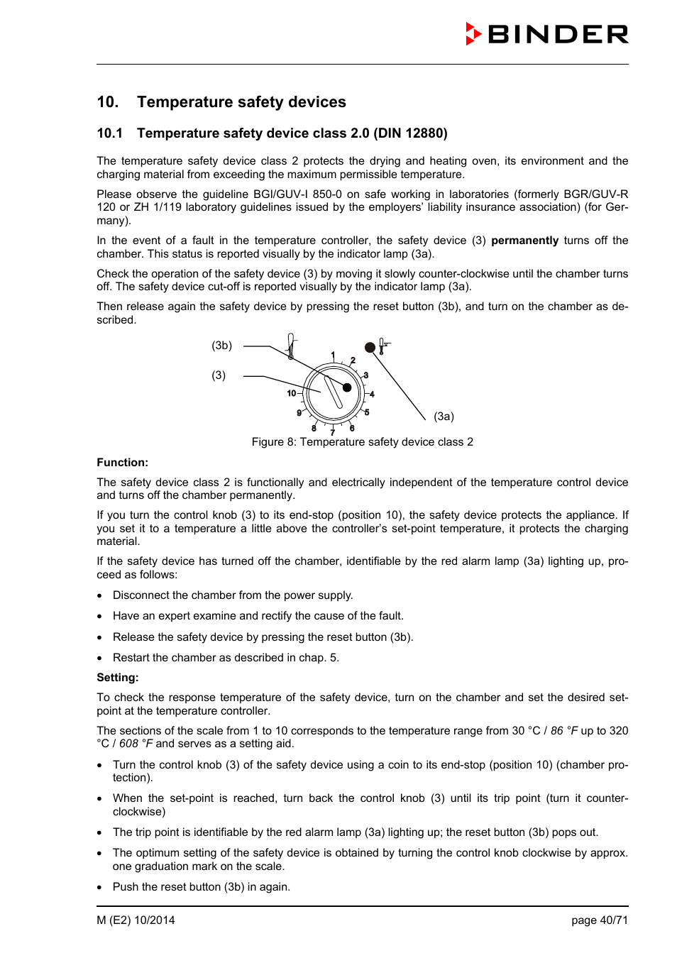 Temperature safety devices, 1 temperature safety device class 2.0 (din 12880) | BINDER M 53 User Manual | Page 40 / 71