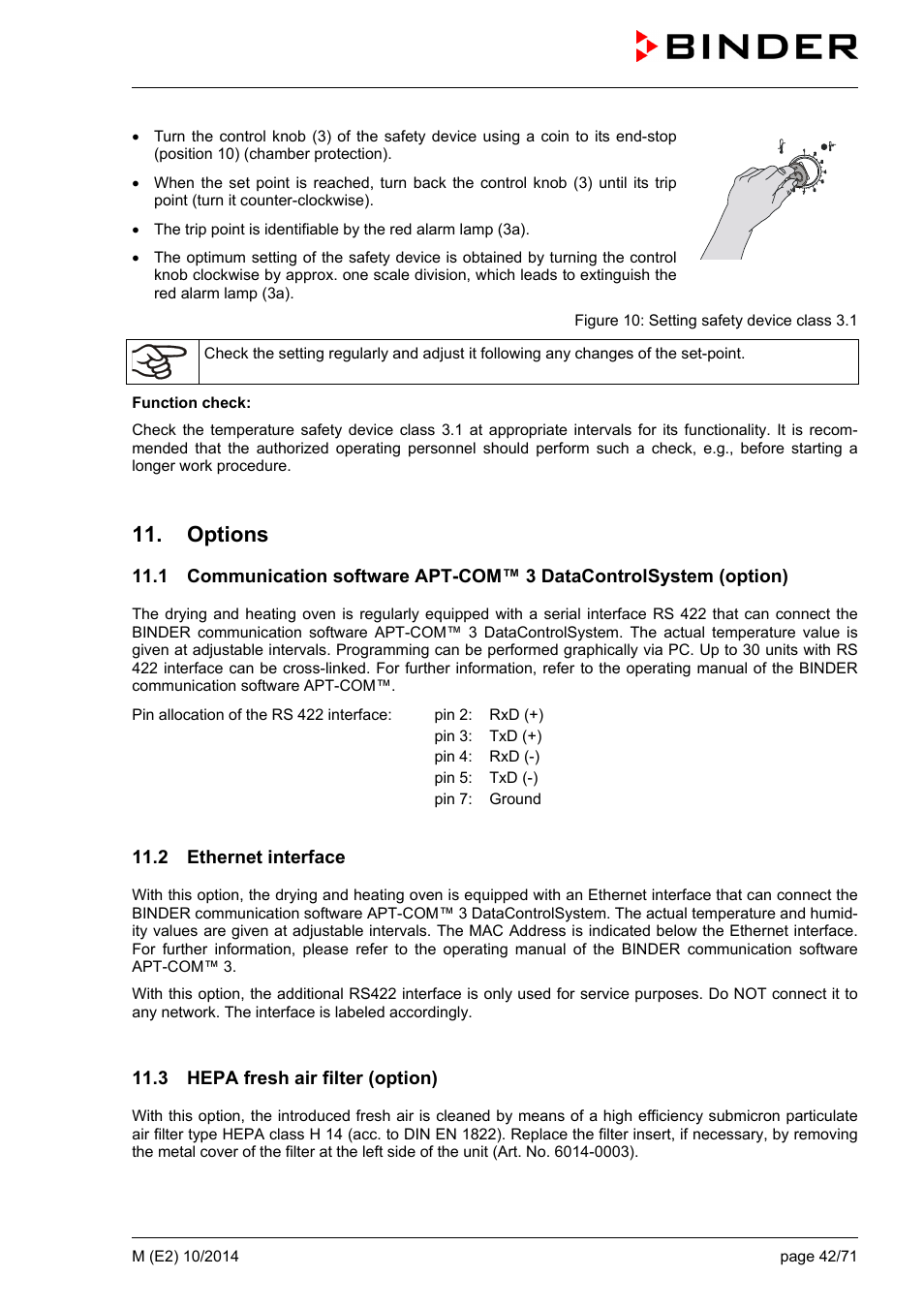 Options, 2 ethernet interface, 3 hepa fresh air filter (option) | BINDER M 53 User Manual | Page 42 / 71