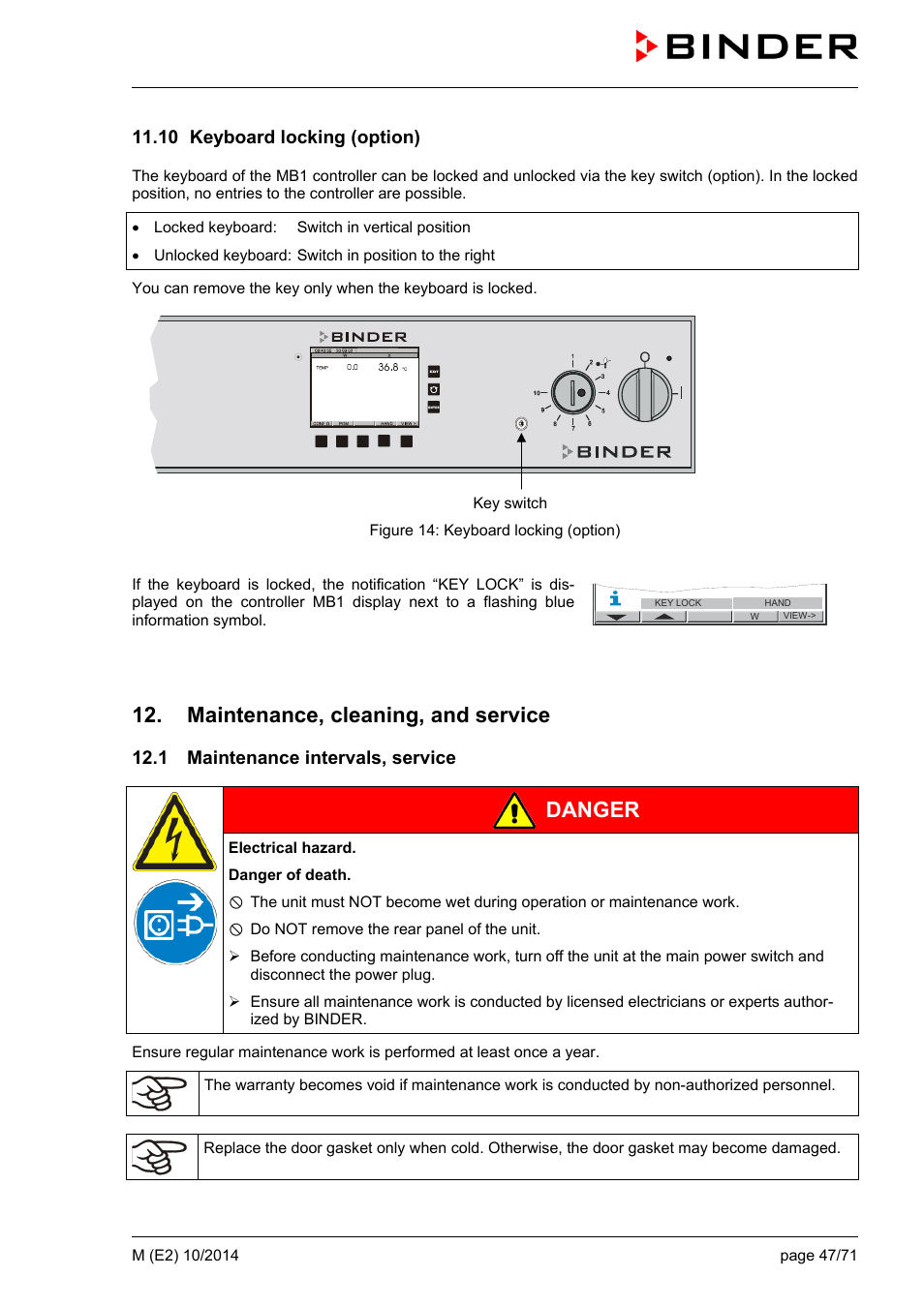 10 keyboard locking (option), Maintenance, cleaning, and service, 1 maintenance intervals, service | Ole_link6, Ole_link7, Danger | BINDER M 53 User Manual | Page 47 / 71