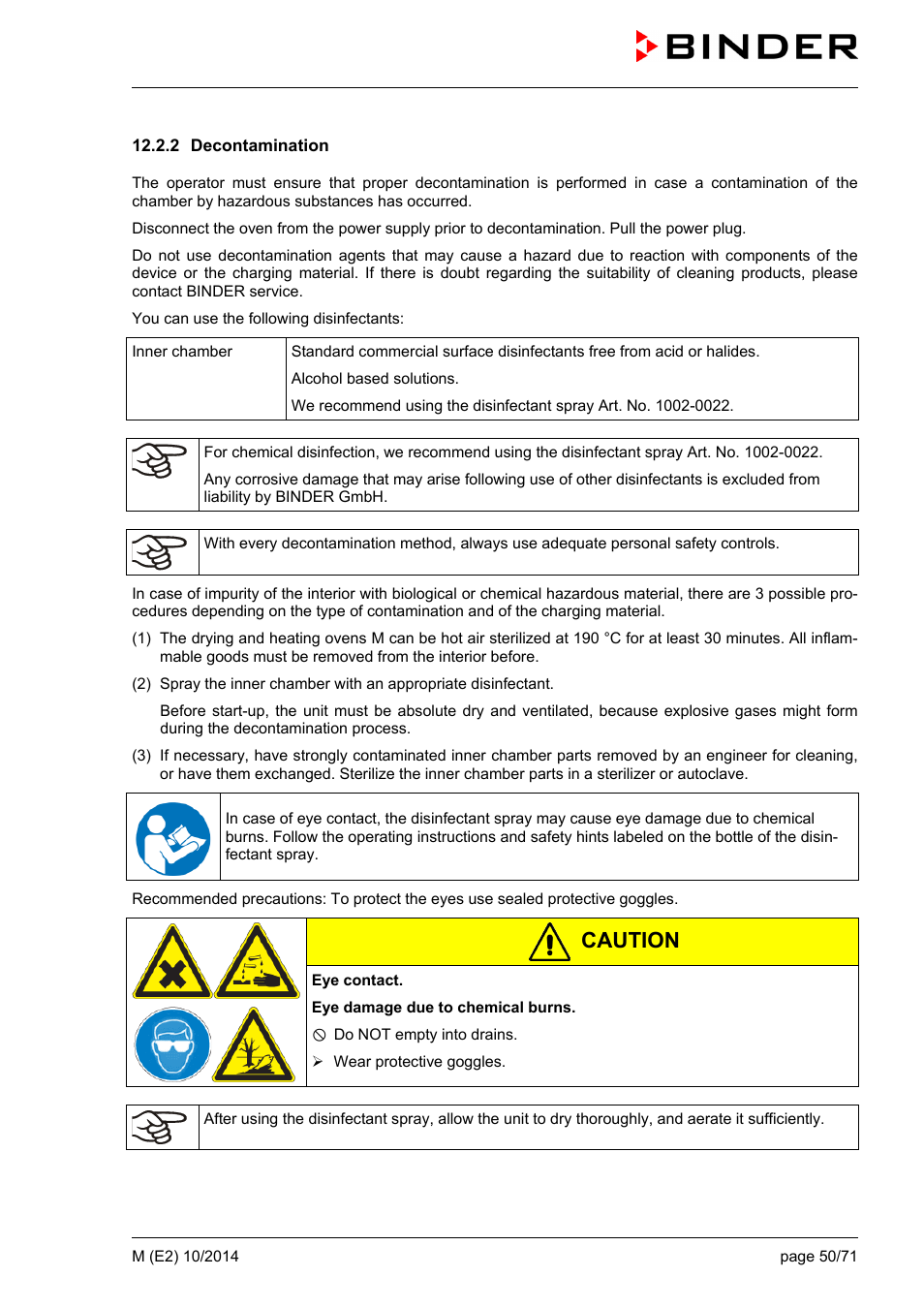 2 decontamination, Caution | BINDER M 53 User Manual | Page 50 / 71