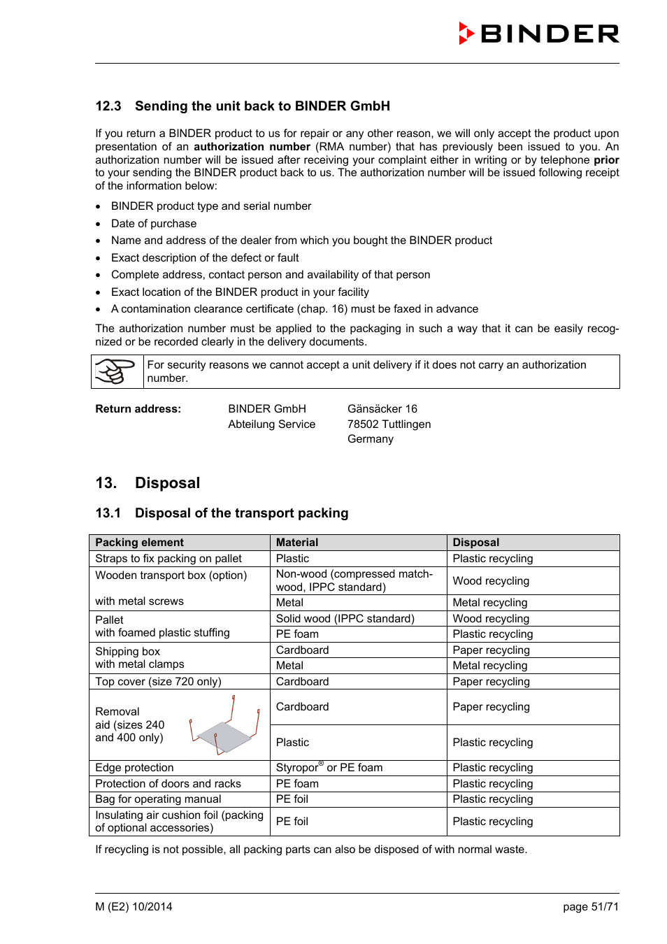 3 sending the unit back to binder gmbh, Disposal, 1 disposal of the transport packing | BINDER M 53 User Manual | Page 51 / 71