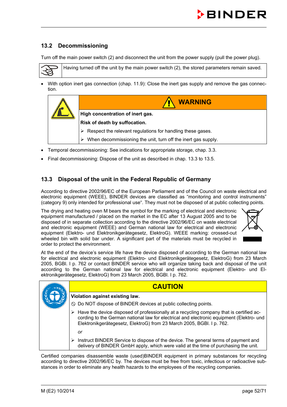 2 decommissioning, Warning, Caution | BINDER M 53 User Manual | Page 52 / 71