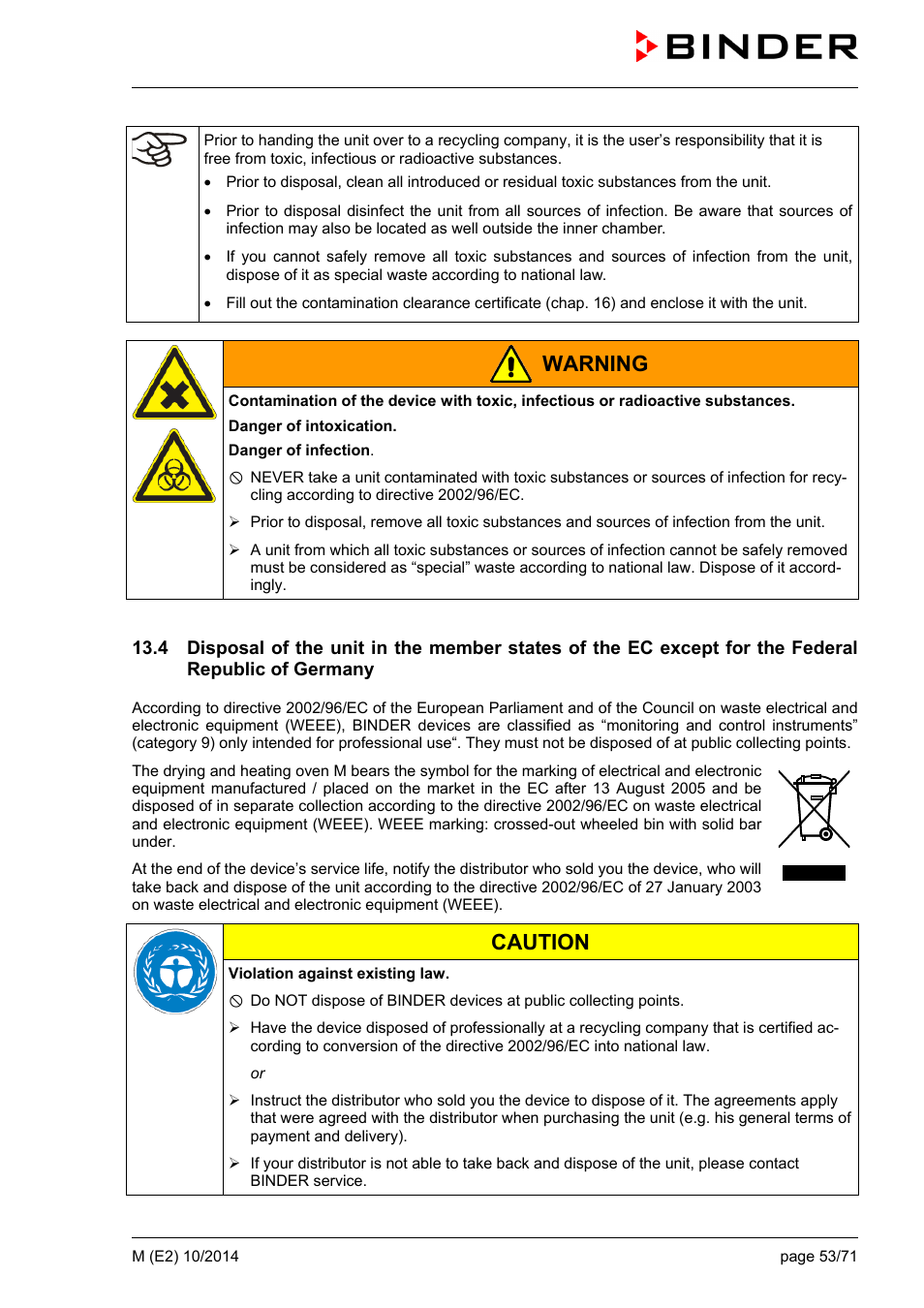 Warning, Caution | BINDER M 53 User Manual | Page 53 / 71