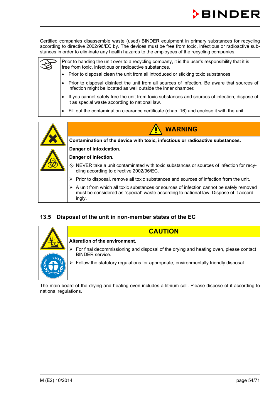 Warning, Caution | BINDER M 53 User Manual | Page 54 / 71