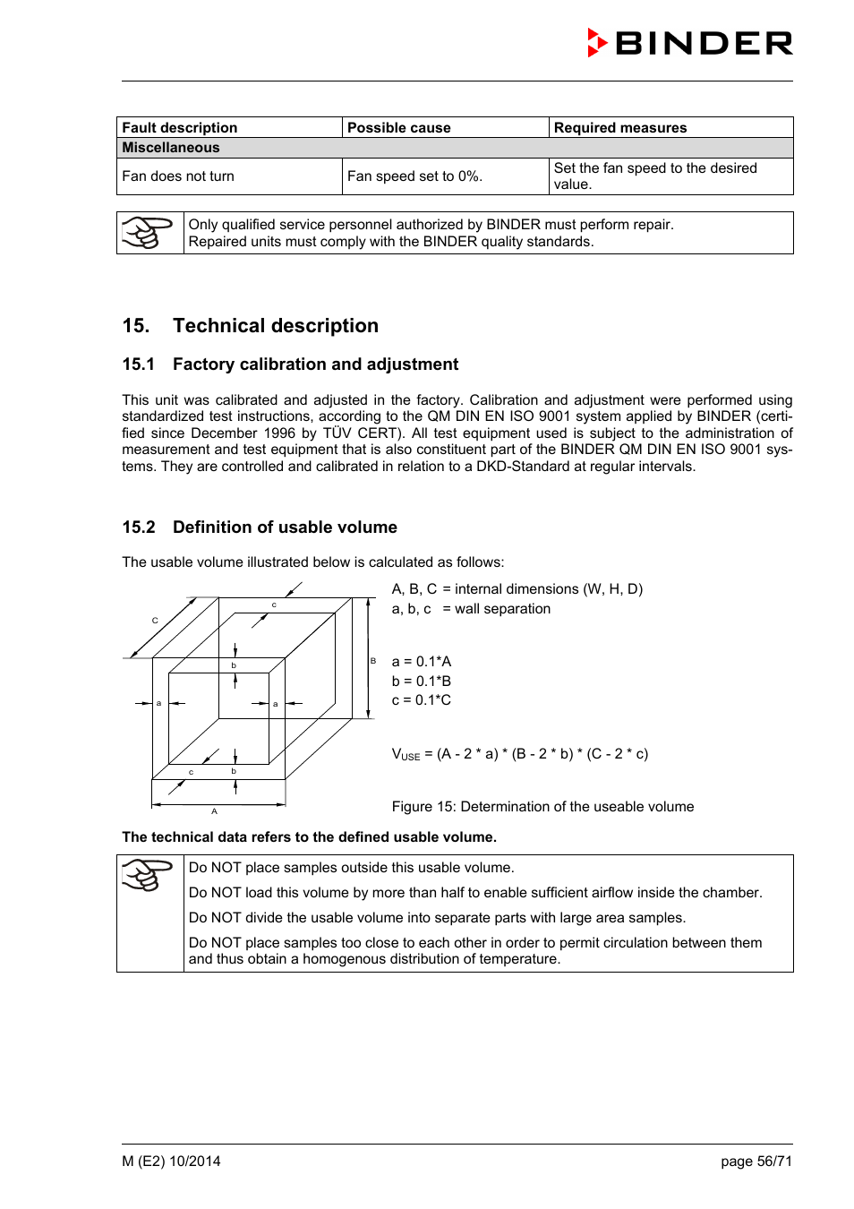 Technical description, 1 factory calibration and adjustment, 2 definition of usable volume | Ole_link3, Ole_link4 | BINDER M 53 User Manual | Page 56 / 71