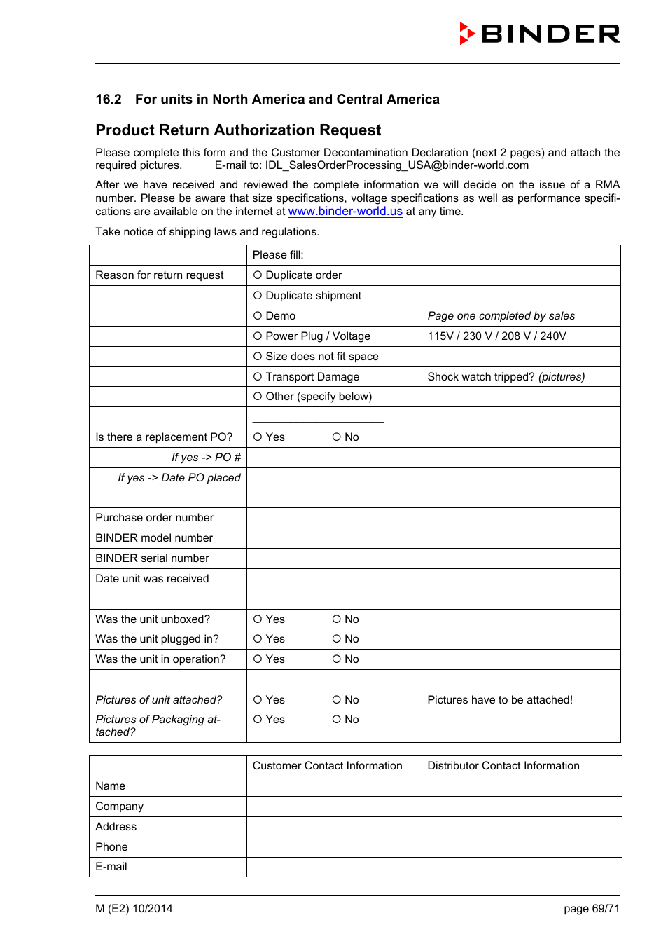 2 for units in north america and central america, Product return authorization request | BINDER M 53 User Manual | Page 69 / 71