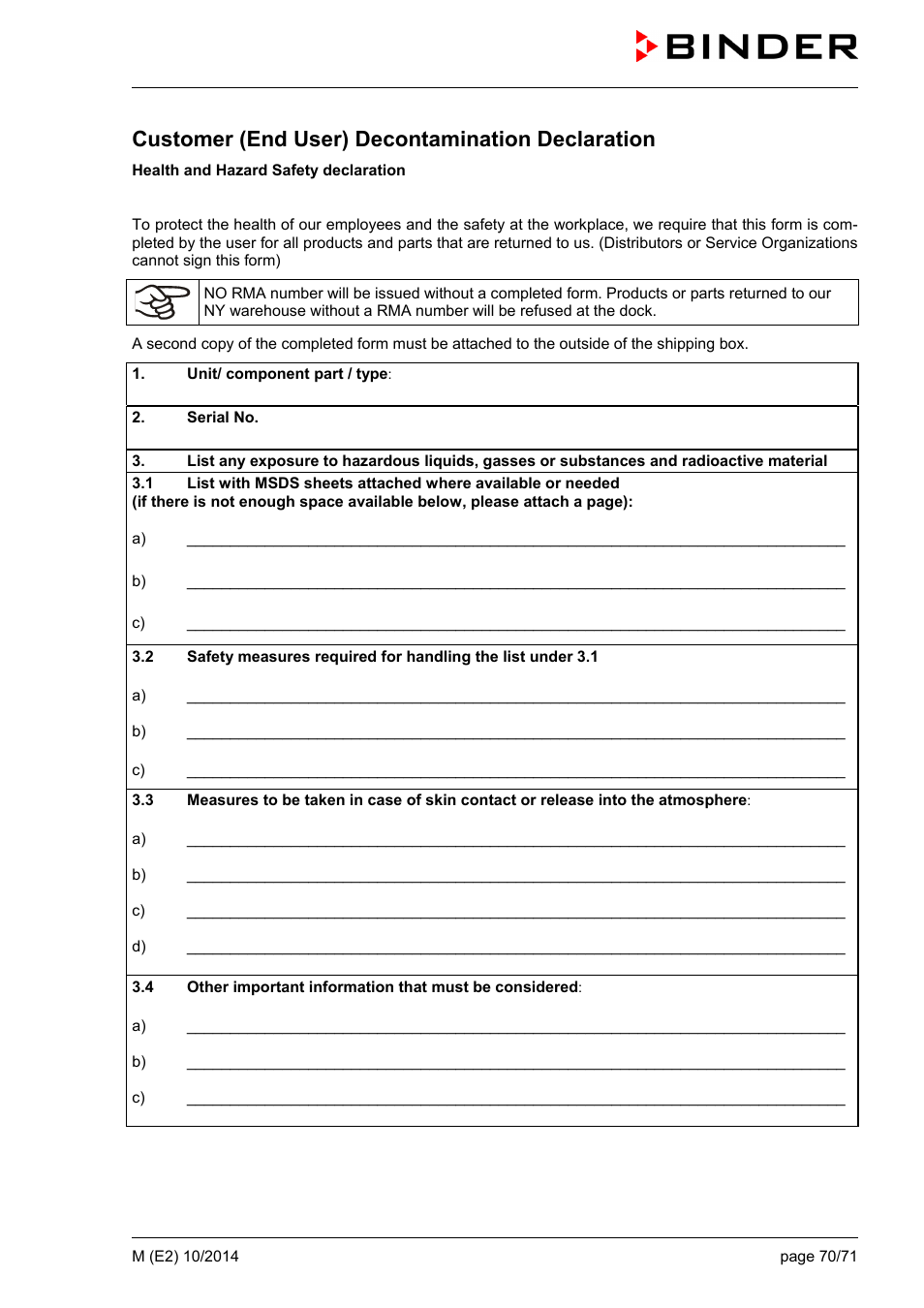 Customer (end user) decontamination declaration | BINDER M 53 User Manual | Page 70 / 71