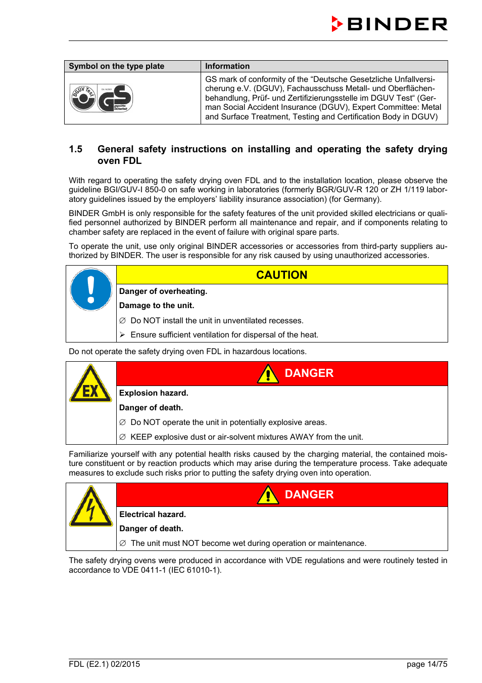 Caution, Danger | BINDER FDL 115 User Manual | Page 14 / 75