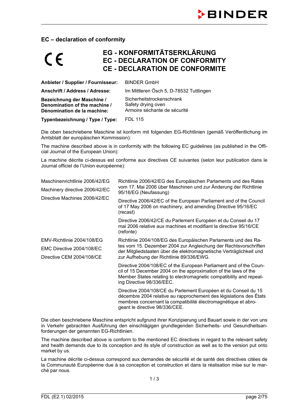 Ec – declaration of conformity | BINDER FDL 115 User Manual | Page 2 / 75