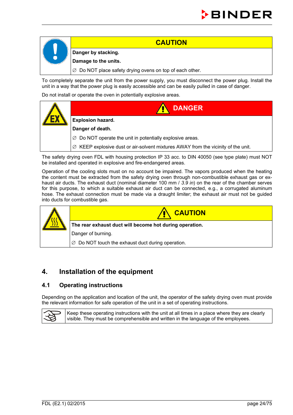 Installation of the equipment, 1 operating instructions, Caution | Danger | BINDER FDL 115 User Manual | Page 24 / 75