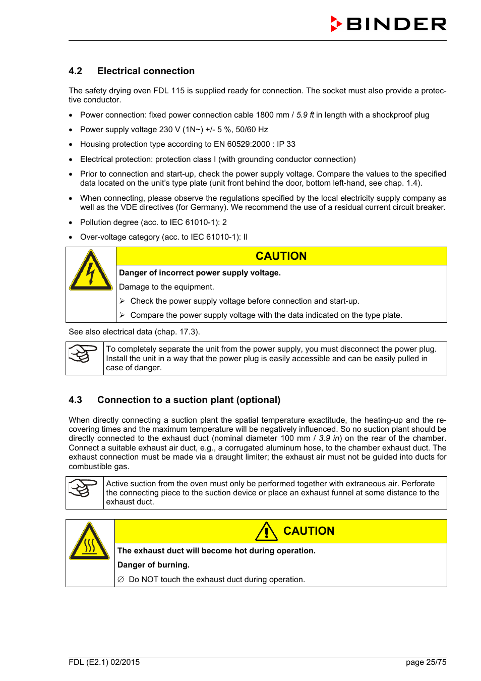 2 electrical connection, 3 connection to a suction plant (optional), Caution | BINDER FDL 115 User Manual | Page 25 / 75