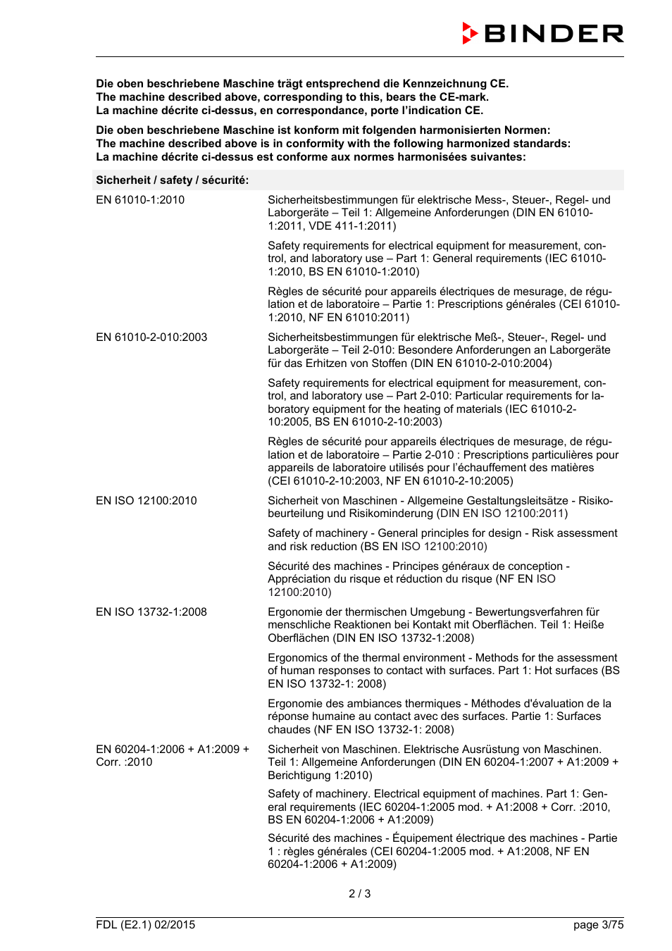 BINDER FDL 115 User Manual | Page 3 / 75