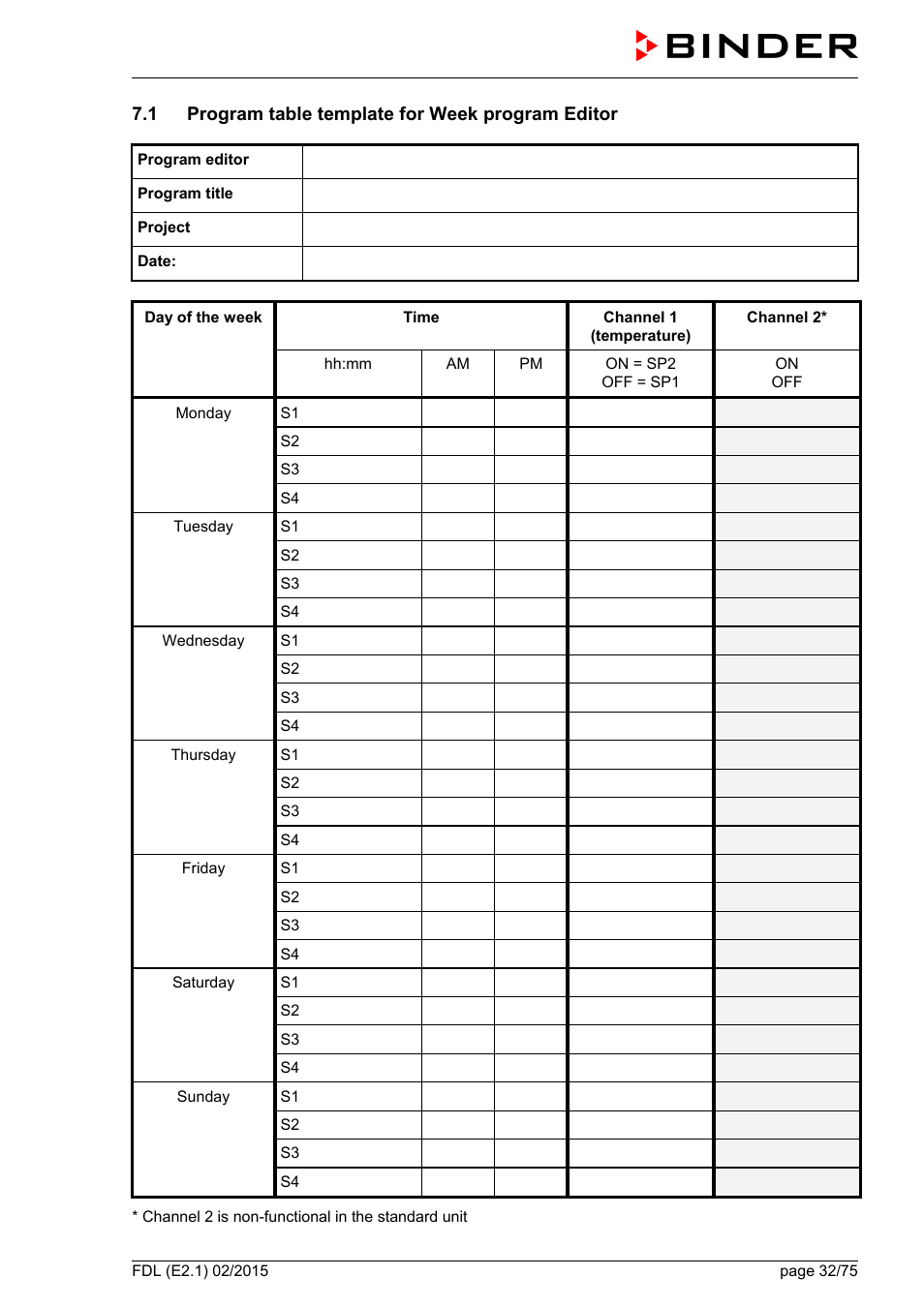 1 program table template for week program editor | BINDER FDL 115 User Manual | Page 32 / 75