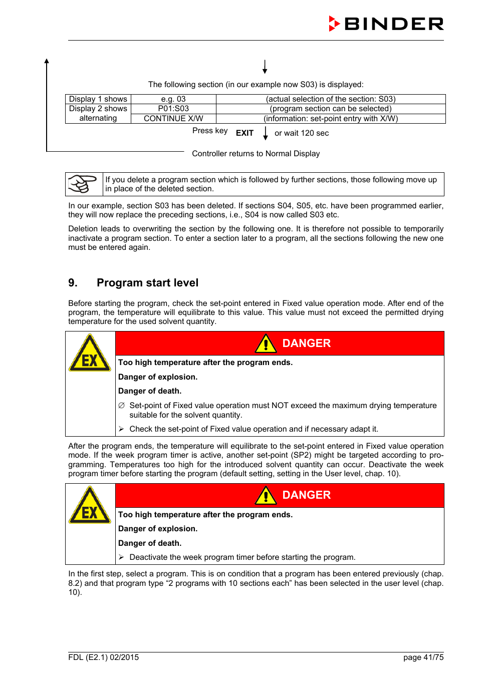 Program start level, Danger | BINDER FDL 115 User Manual | Page 41 / 75